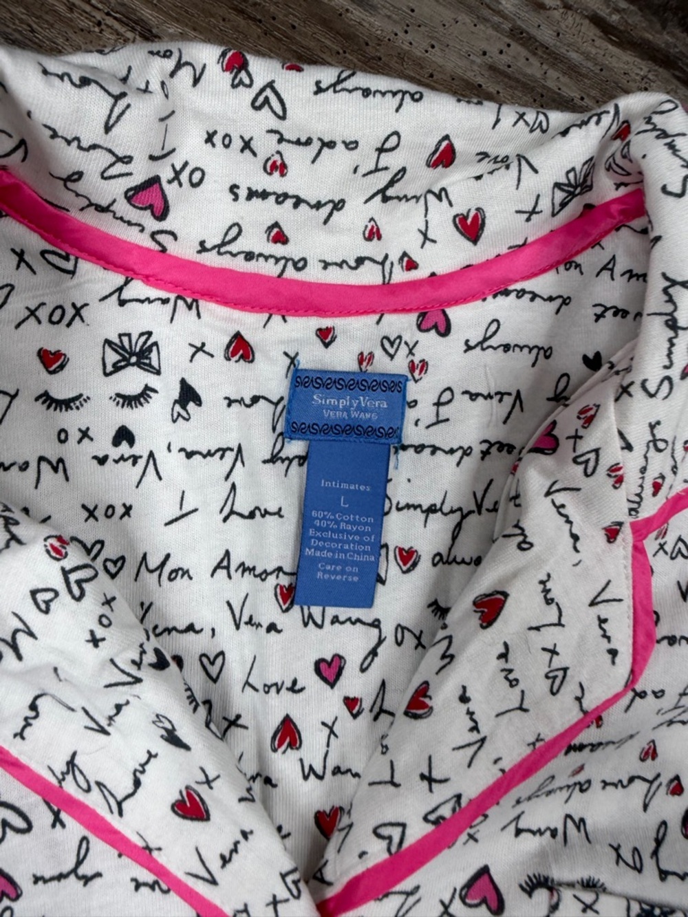 Simply Vera Wang Pajama Set NWT Size L Pink Heart Script Sleepwear Matching Set - Picture 3 of 14